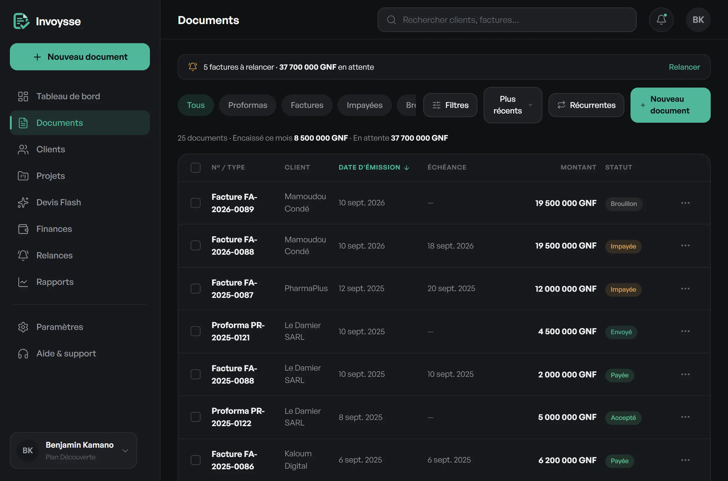 Liste des documents Invoysse : proformas et factures avec client, dates, montants en francs guinéens et statut.